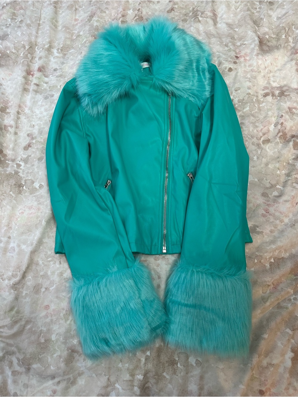 Dolls Kill Teal Faux Fur-Trim Leather Jacket